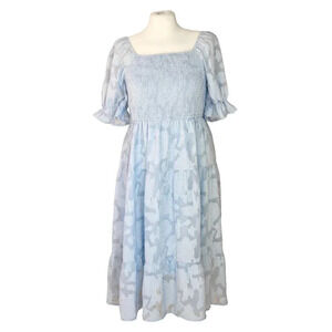 Meerokeety || Smocked Ballon Sleeve Midi Dress Cottagecore Milkmaid Baby Blue L